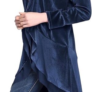 Urban Coco Long Sleeve Velvet Cardigan Coat. NWT, XL, Navy Blue Drape, 46” long